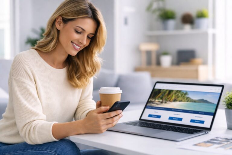 Smiling woman looking at her phone while using laptop to book a trip