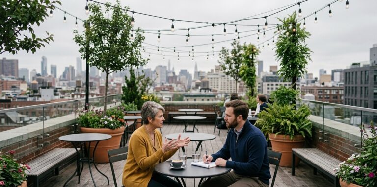 Two professionals discussing a membership travel benefits strategy at an outdoor meeting space, representing how membership organizations monetize travel through white-label platforms